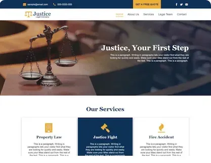 Law firm website homepage with gavel banner and service cards for property law, justice fight, and fire accident
