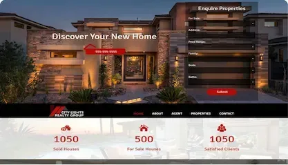 Modern house real estate website banner with “Discover Your New Home” and property stats below