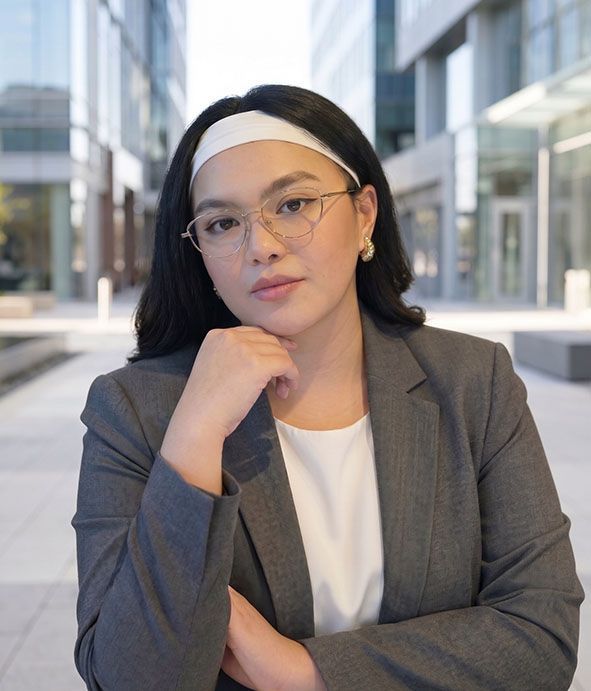 Portrait of a woman in a gray blazer and glasses, seated outdoors in a modern city walkway