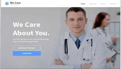 Healthcare website hero banner with doctor in white coat, “We Care About You” headline, and blue call-to-action button