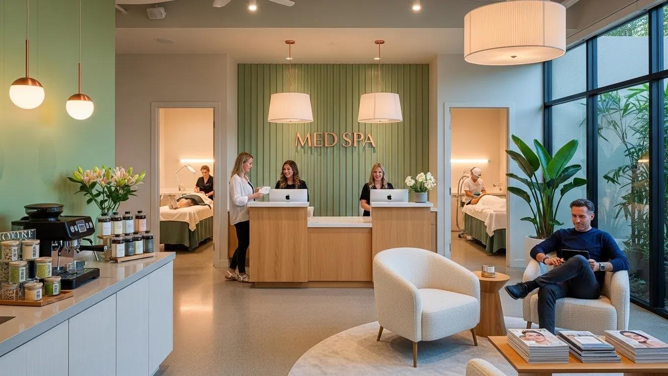 Bright modern hotel lobby with reception desk, lounge chairs, large windows, and a seated guest reading.