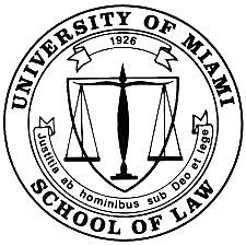 A black and white logo for the university of miami school of law.