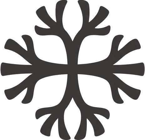 Black symmetrical snowflake-like icon on a white background