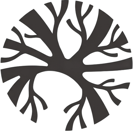 Black abstract branching tree or root silhouette in a circular shape on a white background
