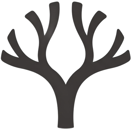 Stylized black tree silhouette with branching antlers on a white background