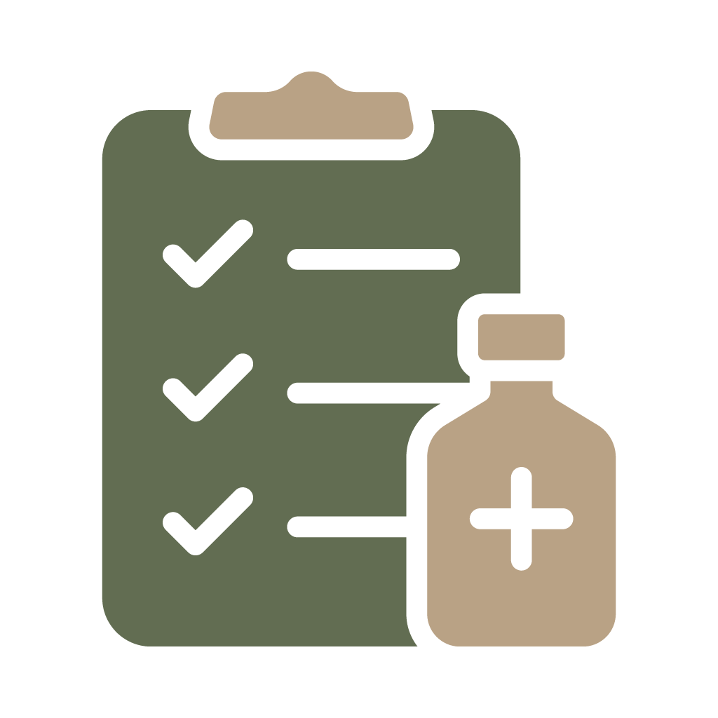 Checklist clipboard with checkmarks next to a medicine bottle icon on a white background