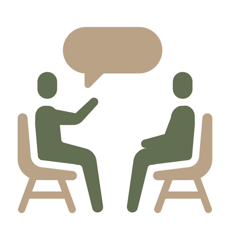 Two people seated and talking, with a speech bubble above them.