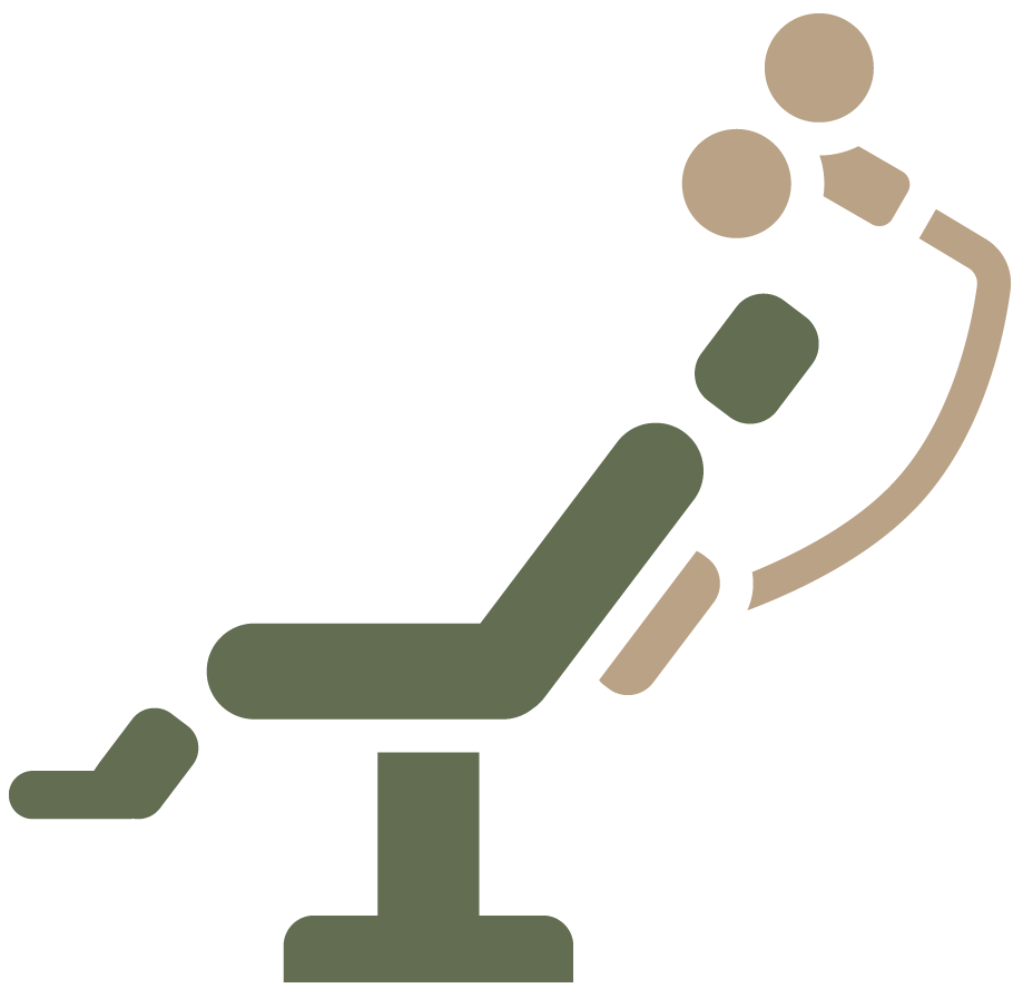 Stylized green and tan icon of a person reclining in a chair, viewed in profile.