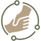 Two hands clasping in beige and olive green circular logo design