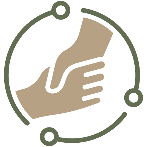 Hands clasping in beige and olive inside a circular ring with three connected dots.