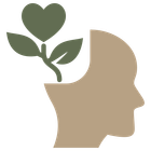 Stylized head silhouette with a green heart-shaped sprout growing from the brain area