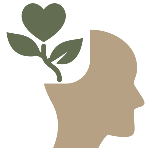 Beige head silhouette with green heart-shaped plant sprouting from the top