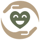Beige circular hands around a smiling green heart icon