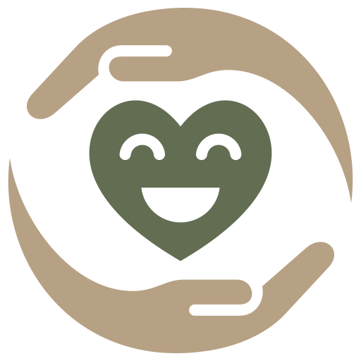 Beige circular hands around a smiling heart icon on a white background