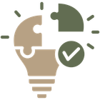 Light bulb with puzzle pieces and a check mark in beige and green to symbolize ideas and solutions