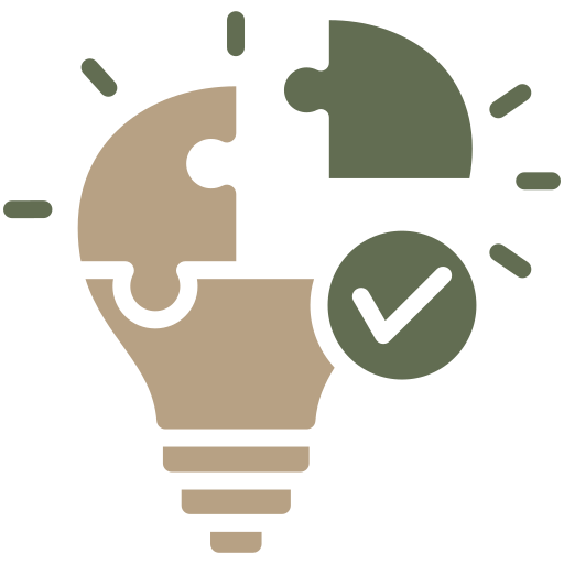 Beige lightbulb with puzzle pieces, green checkmark, and green accent rays