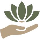 Stylized hand holding a green lotus flower icon