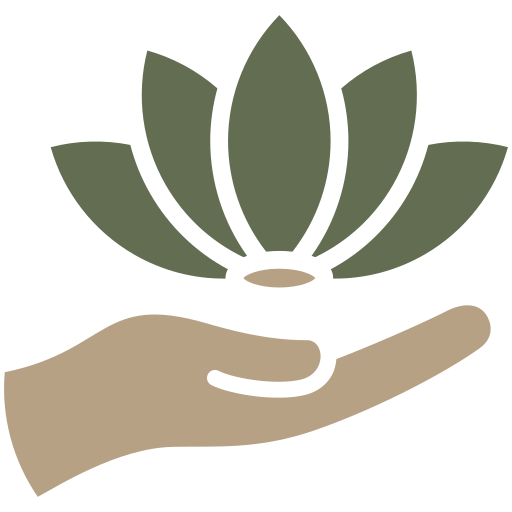 Hand cradling a stylized green lotus with a small beige center on a white background