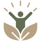 Abstract logo of a green person with raised arms between tan leaves and sun rays