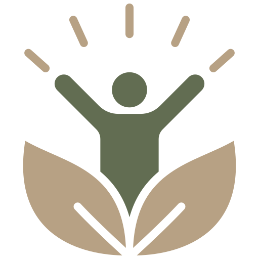 Stylized green figure with raised arms above two tan leaves and sun rays
