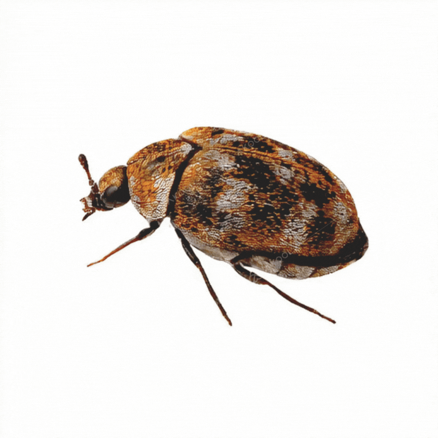 A detailed illustration of a carpet beetle with a mottled brown and white oval body and black legs and antennae.