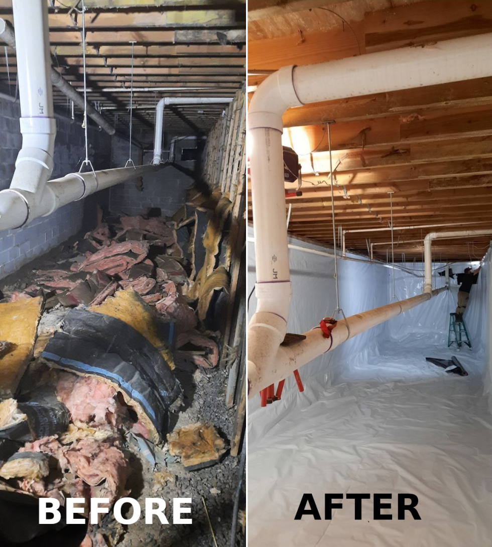Comparison showing a crawl space before and after renovation. The 