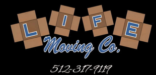 Logo for Life Moving Co. with blue script text and cardboard boxes spelling &ldquo;LIFE&rdquo; above it