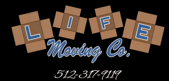 Logo for Life Moving Co. with blue script text and cardboard boxes spelling &ldquo;LIFE&rdquo; above it