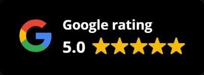 Google rating 5.0 with five gold stars and the multicolor Google logo