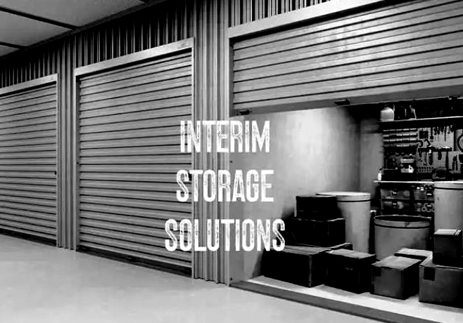 Closed storage units with stacked boxes and the text “INTERIM STORAGE SOLUTIONS”
