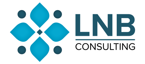 Logo for LNB Consulting: teal flower design with dark teal dots, teal letters and 