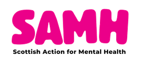 SAMH logo: Pink bubble letters, 