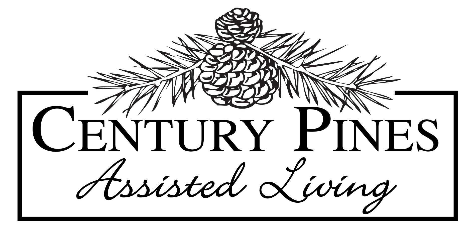 A black and white logo for century pines assisted living.