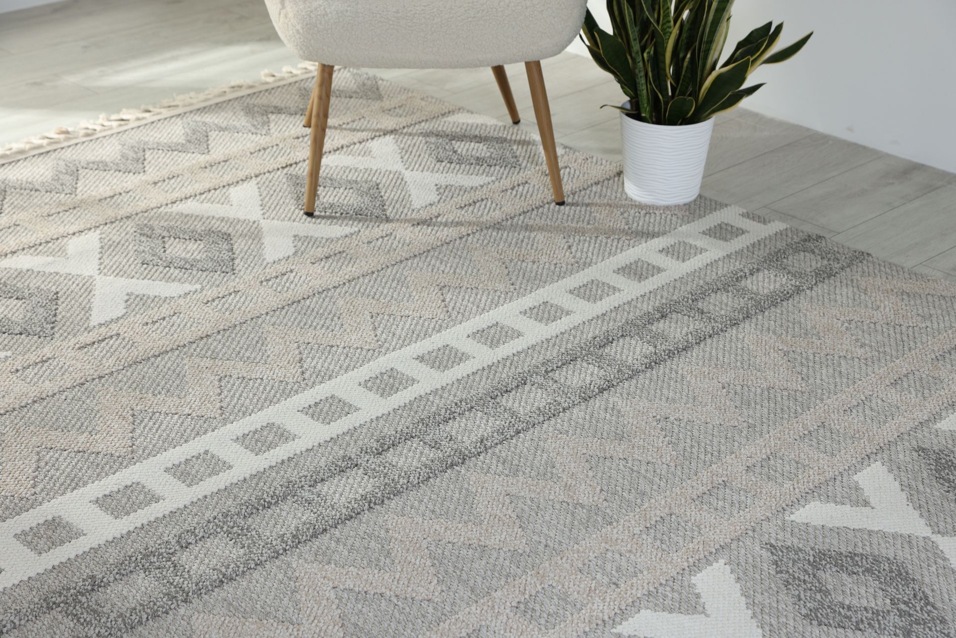Light gray patterned area rug under a chair and potted plant in a bright room