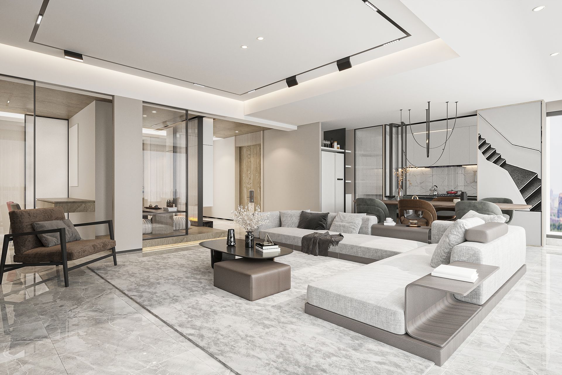 Modern luxury living room with white sectional sofa, marble floor, glass walls, and minimalist decor.