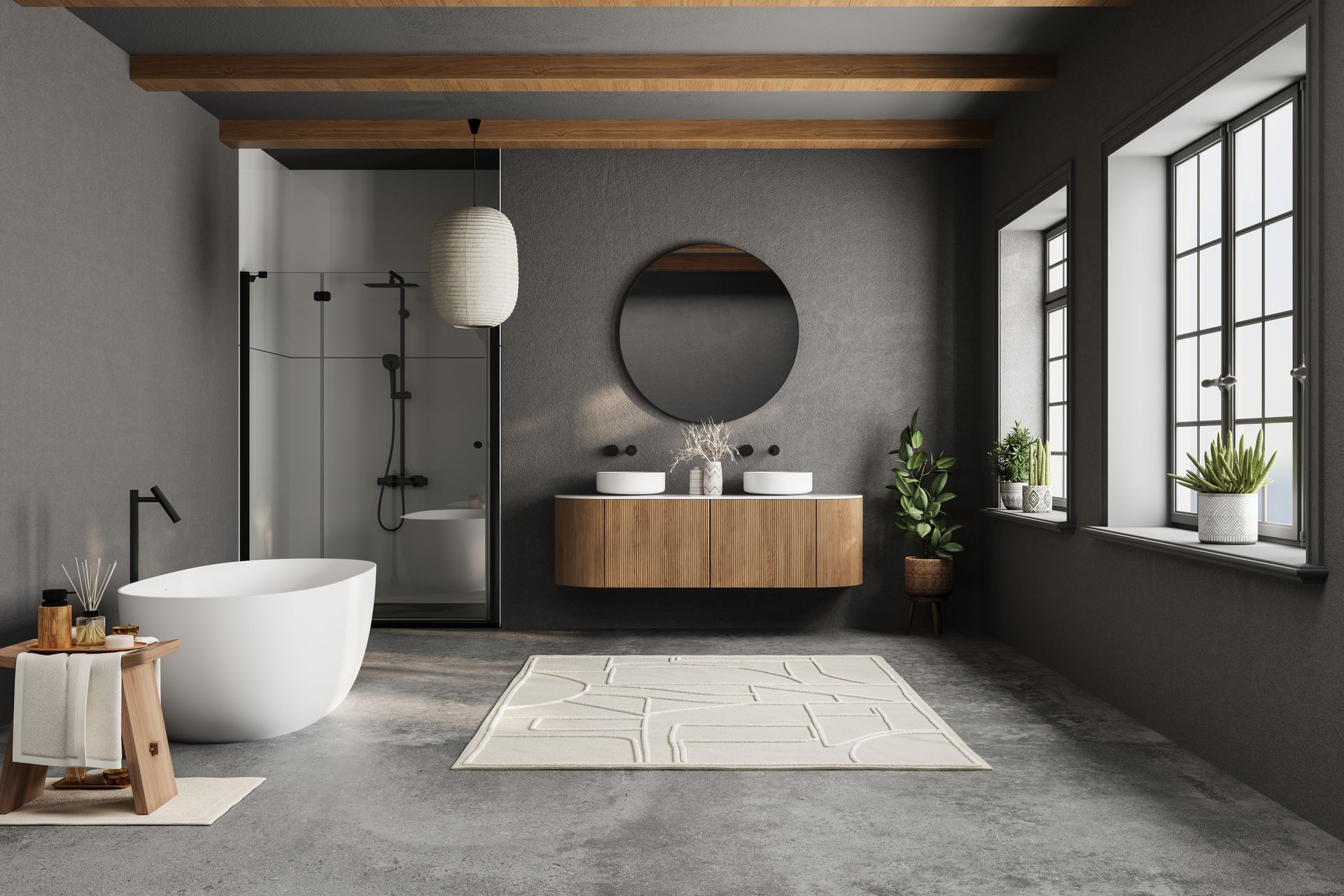 Modern gray bathroom with freestanding tub, vanity, round mirror, shower, and large windows