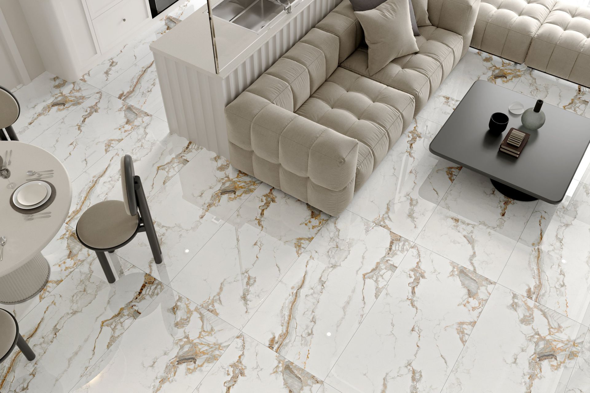 Modern living room with cream sectional sofa, marble floors, round table, and black coffee table