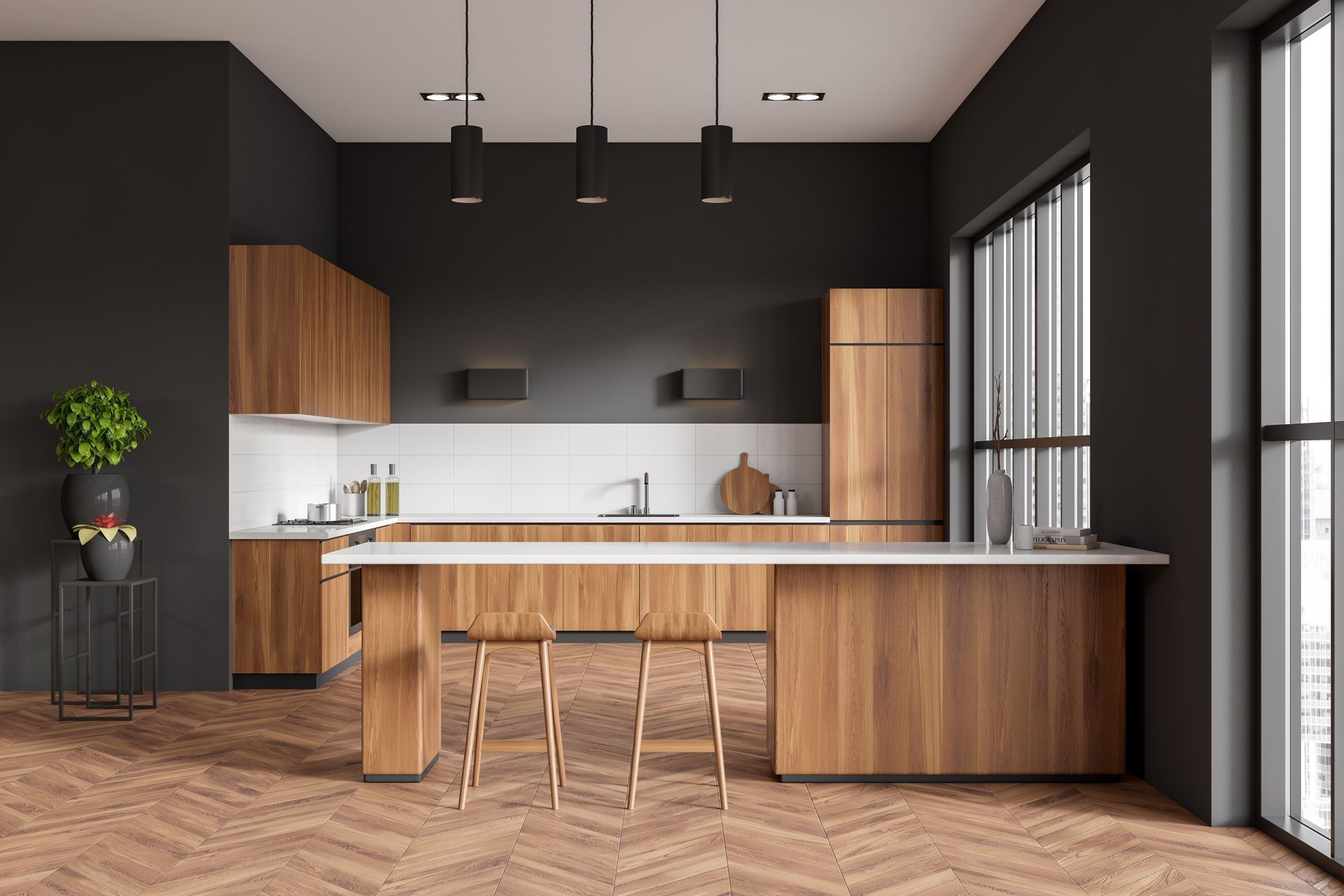 Modern kitchen with dark walls, wood cabinets, island seating, and large windows