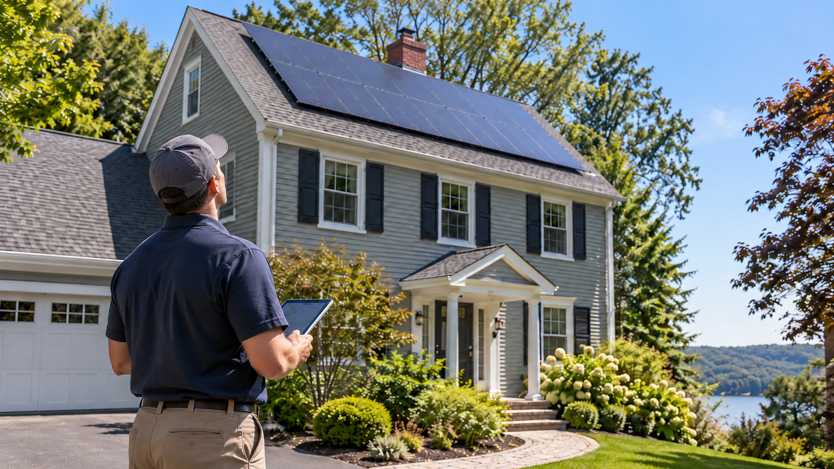 Synergy technician evaluating a Connecticut roof for solar panel installation