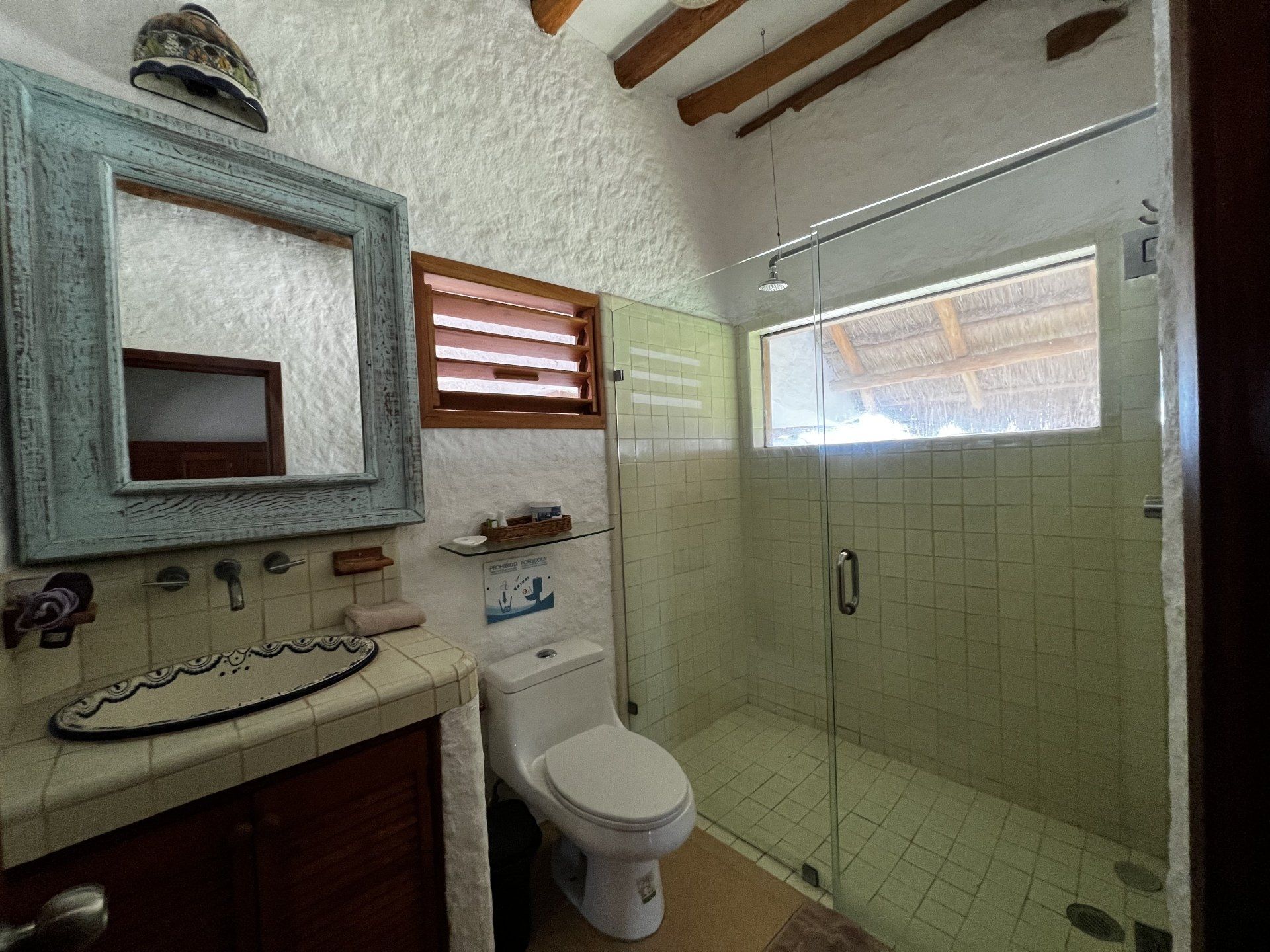 Un baño con inodoro, lavabo, espejo y ducha.