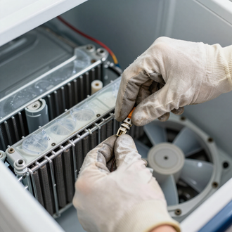 Unas manos enguantadas reparan los componentes electrónicos del interior de una unidad de refrigeración, donde se pueden ver el ventilador y las placas de circuitos.
