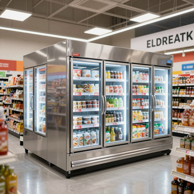 Pasillo de supermercado con una vitrina refrigerada de acero inoxidable repleta de bebidas y aperitivos.