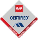 GAF Certified residential roofing contractor badge in gray, blue, red, and white