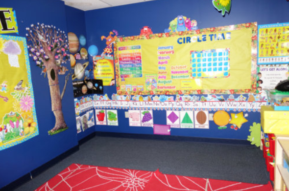 Colorful classroom corner with alphabet wall, bulletin board, rug, and tree mural