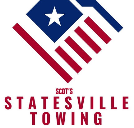 A logo for scot 's statesville towing with an american flag