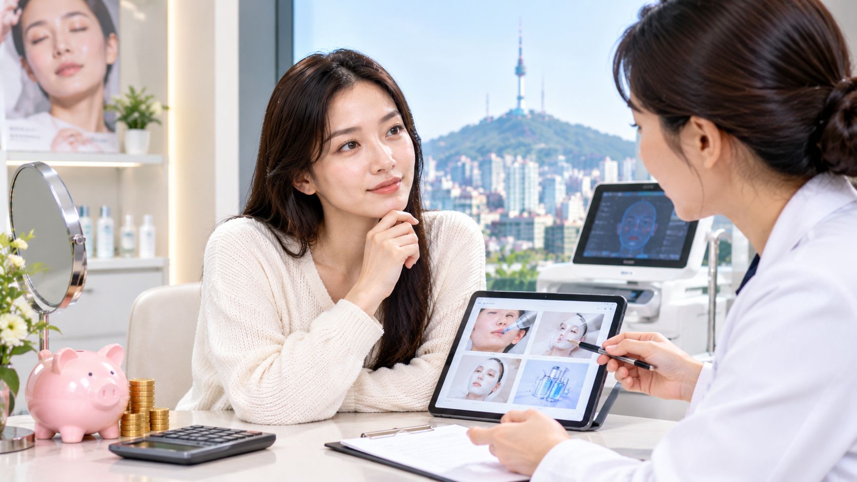 Woman consulting a Seoul skin clinic specialist about affordable anti-aging treatments within a $500