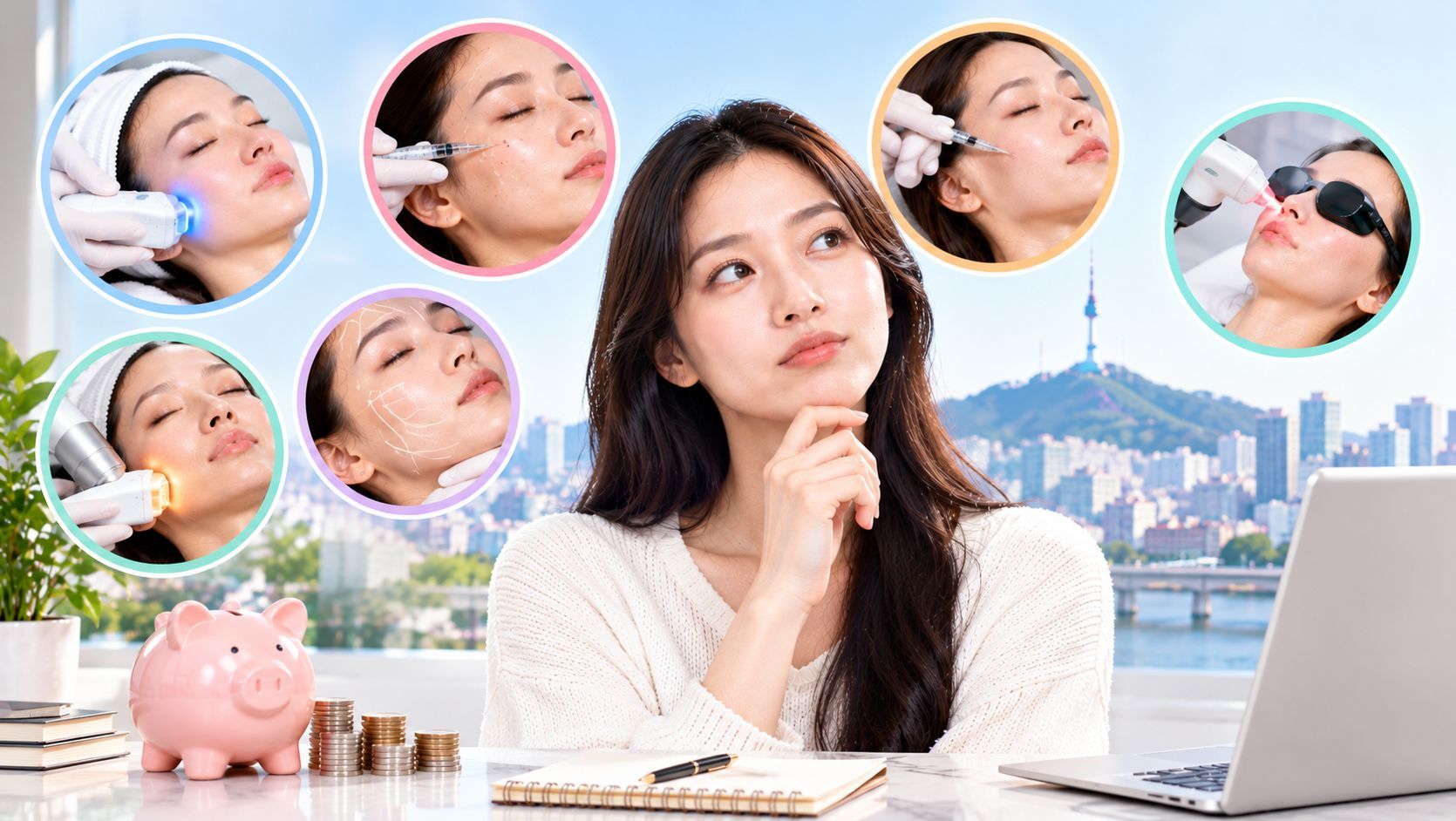 Woman comparing Korean anti-aging treatments and cosmetic procedures while planning a limited skinca