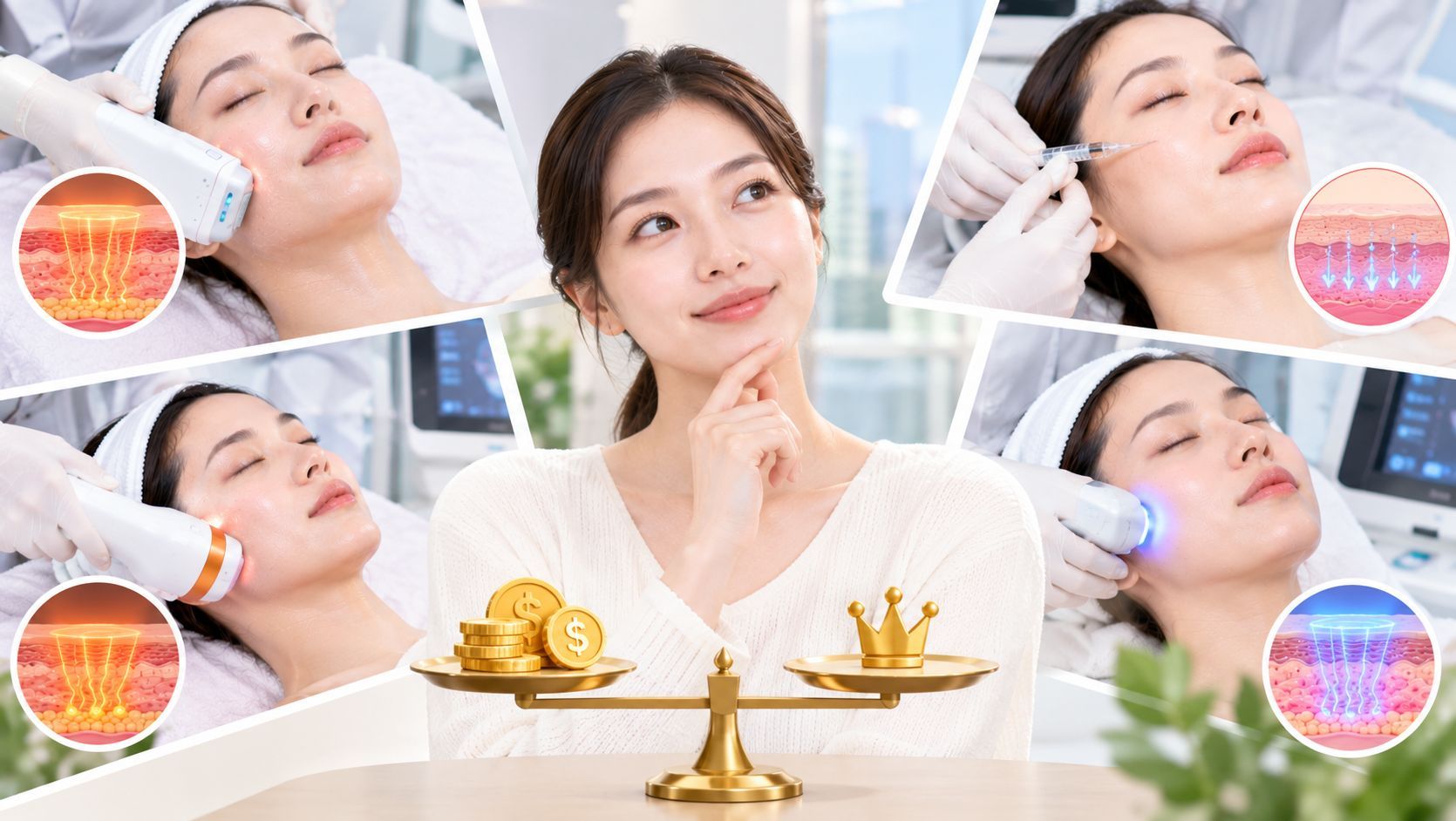 Korean skin lifting treatments compared for value, featuring ultrasound, radiofrequency, and facial