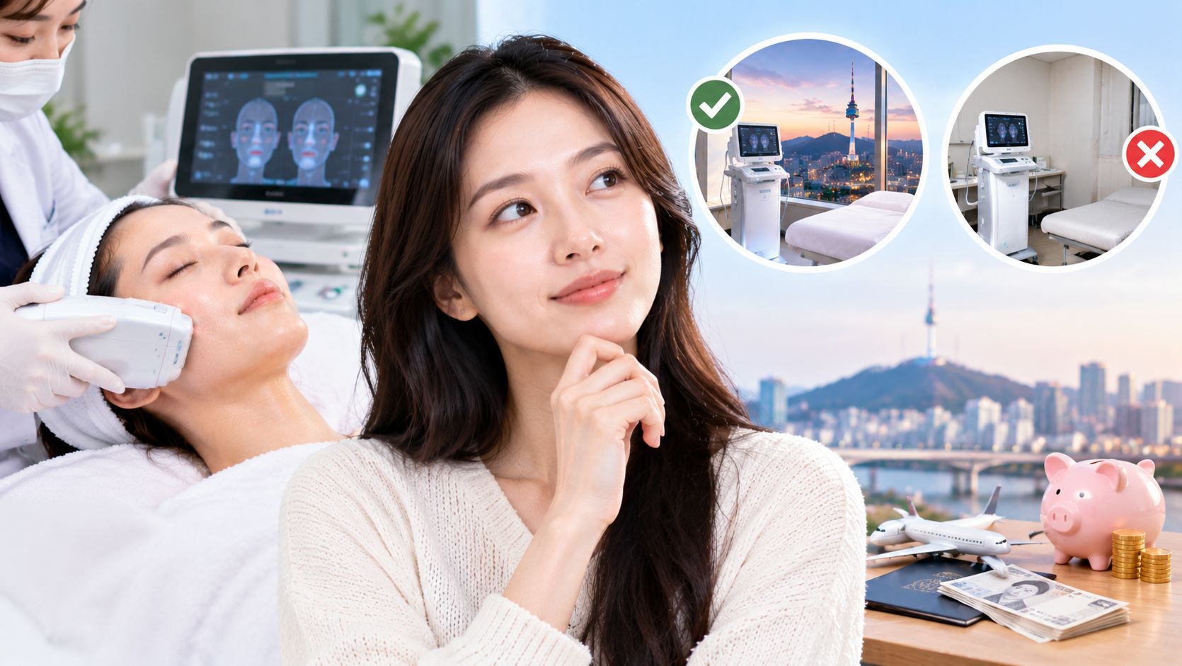 Woman comparing affordable Ultherapy treatment options and clinic quality in Seoul, South Korea.
