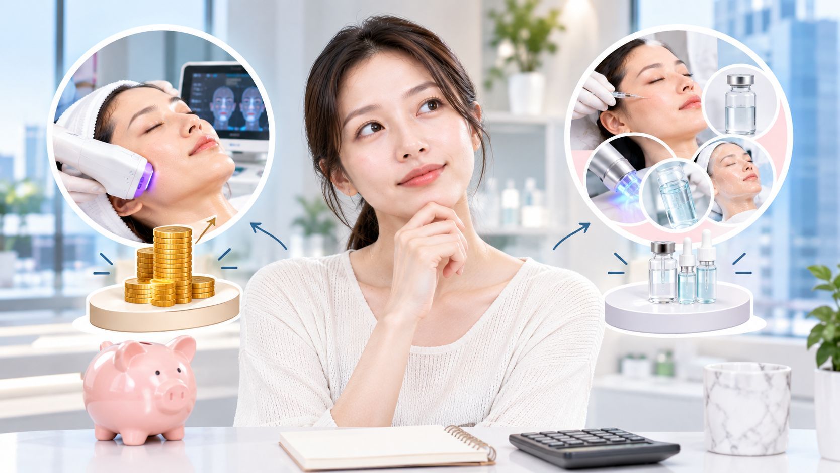 Woman comparing expensive skin lifting treatments with skin boosters to choose the best skincare inv